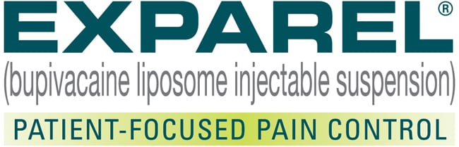A logo for exparel with the words patient focused pain control.