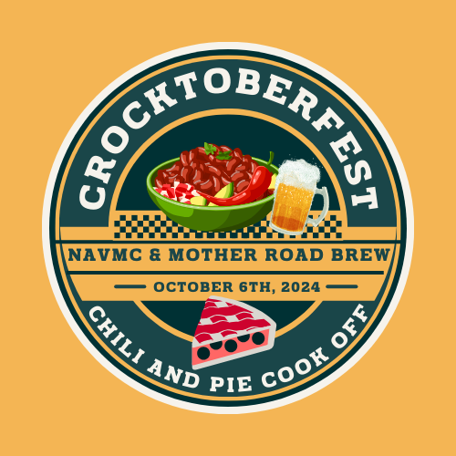 Circular logo for Croctoberfest, featuring a bowl of chili and a mug of beer. The text includes: "CROCKTOBERFEST," "NAVMC & Mother Road Brew," "October 6th, 2024," and "Chili and Pie Cook Off." A great opportunity to connect with others while enjoying delicious food!